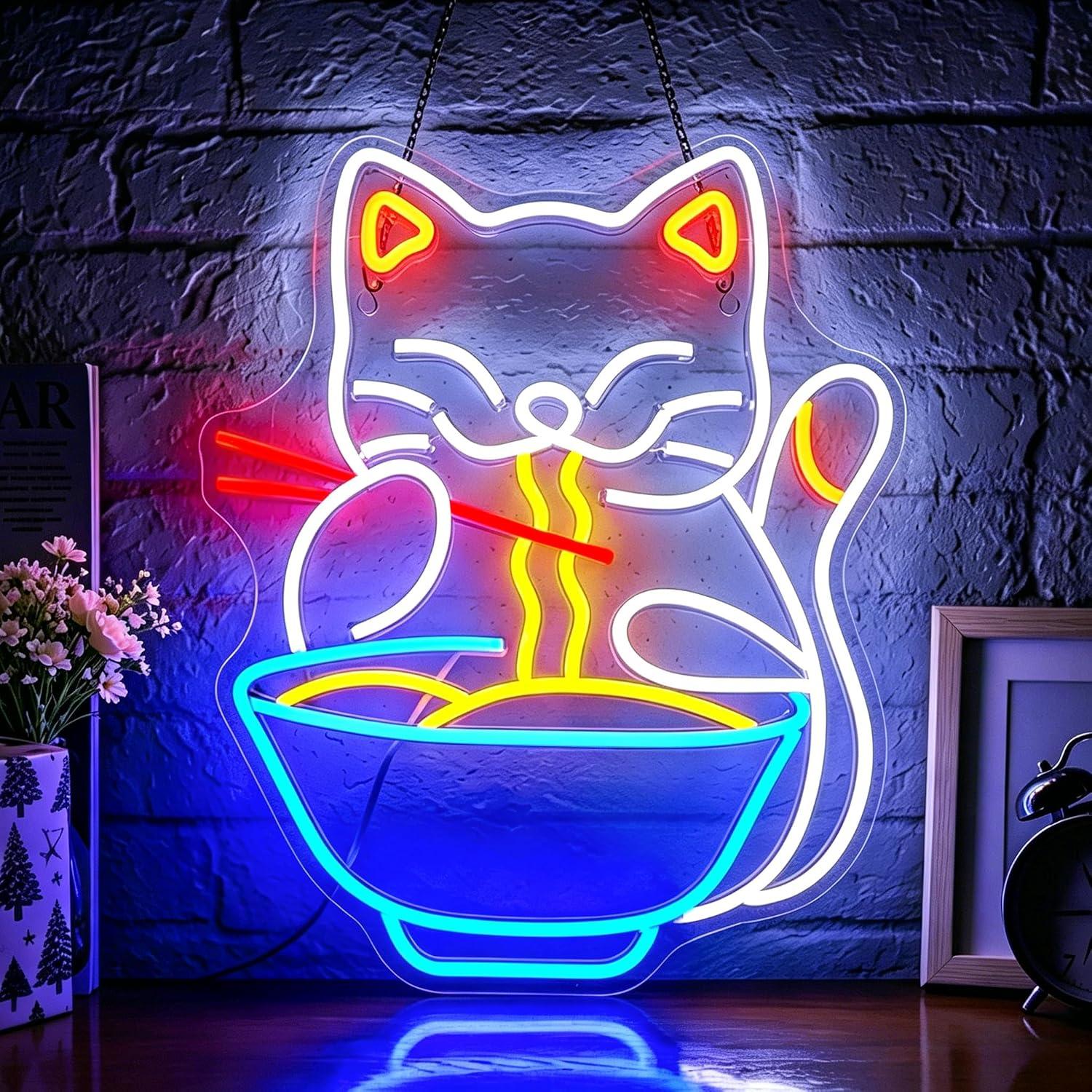 Food Snacks To Eat - Cat Eating Ramen Neon Sign Dimmable
